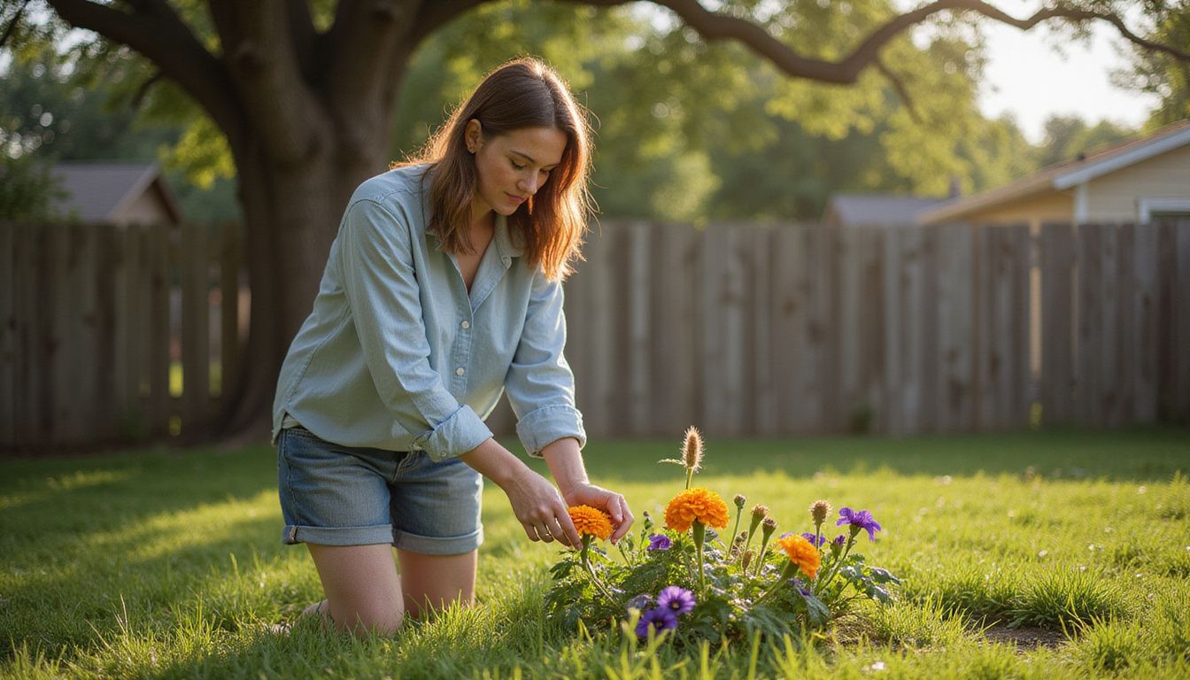 A woman tends to her backyard garden on a sunny morning.