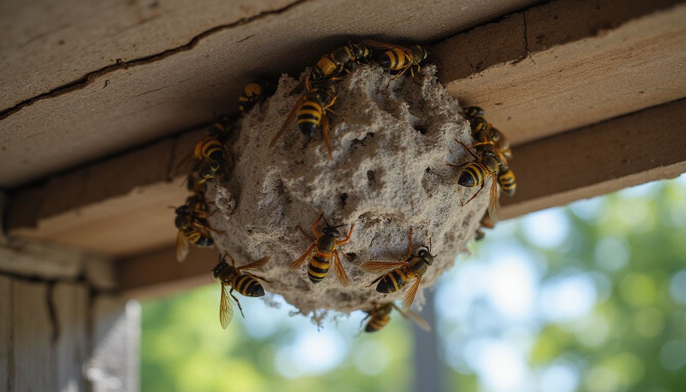 Close-up photo of a wasp nest under wooden eaves in backyard.