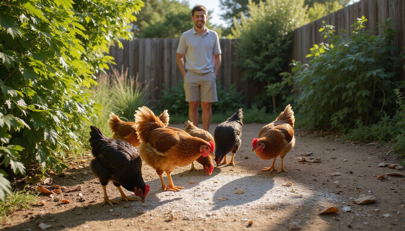 Chickens pecking in rural backyard while person watches.