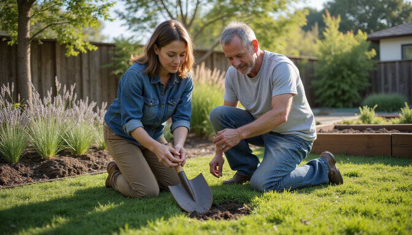 A couple works together in their backyard garden on a sunny afternoon.