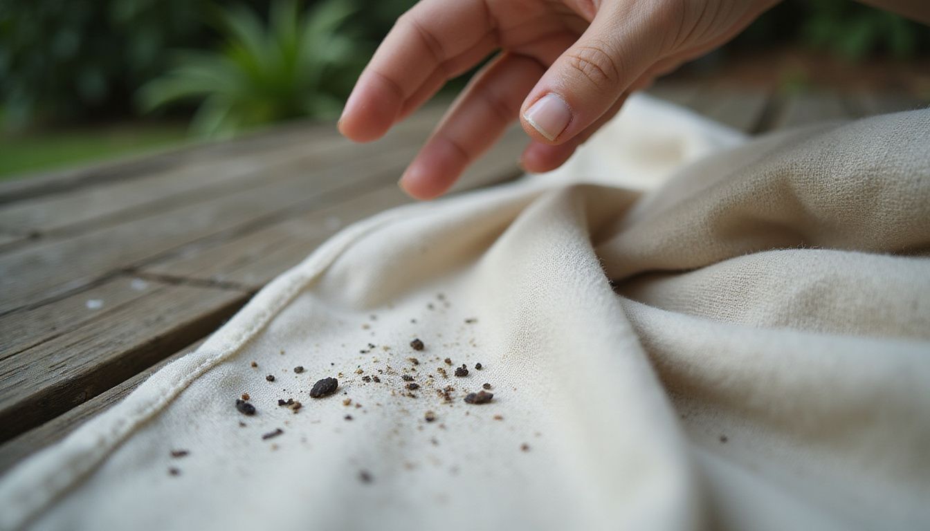 Close-up photo of a worn pet blanket with flea dirt.