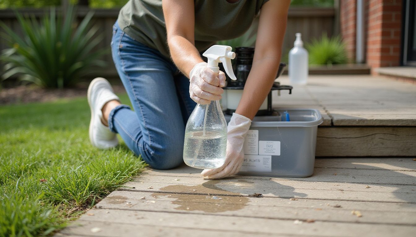 A person cleaning pet waste stains from a backyard path.