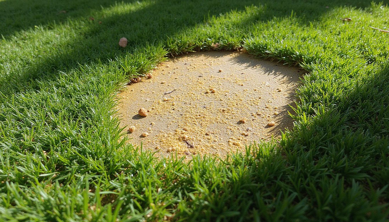 Close-up photo of sun-bleached patch on suburban artificial turf.