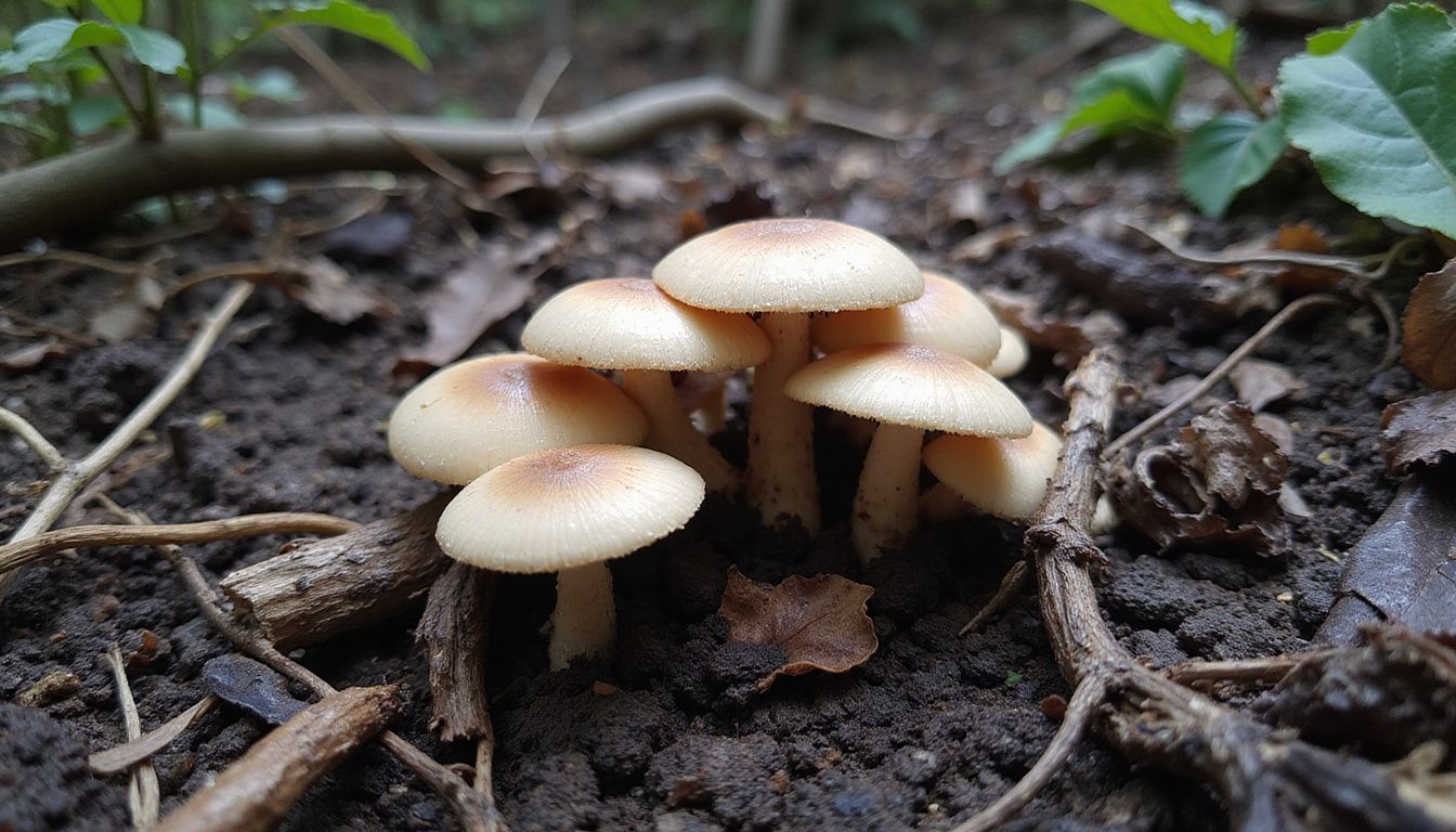 A backyard scene with damp soil, mushrooms, and decaying foliage.