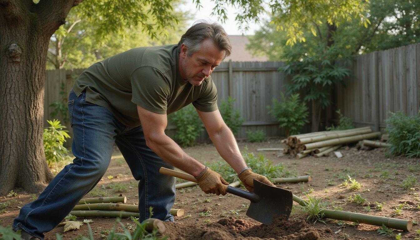 A middle-aged person is gardening in a lush suburban backyard.