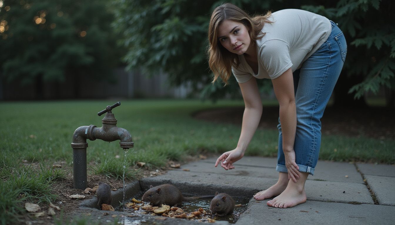 A woman watches rodents scavenging in her backyard at dusk.